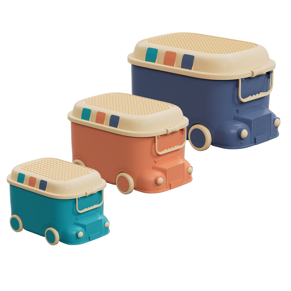 Colorful car-shaped toy storage boxes ideal for organizing kids play area efficiently.