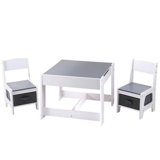Grey childrens activity desk with built-in storage, chalkboard, and chairs for play, learning, and organization.