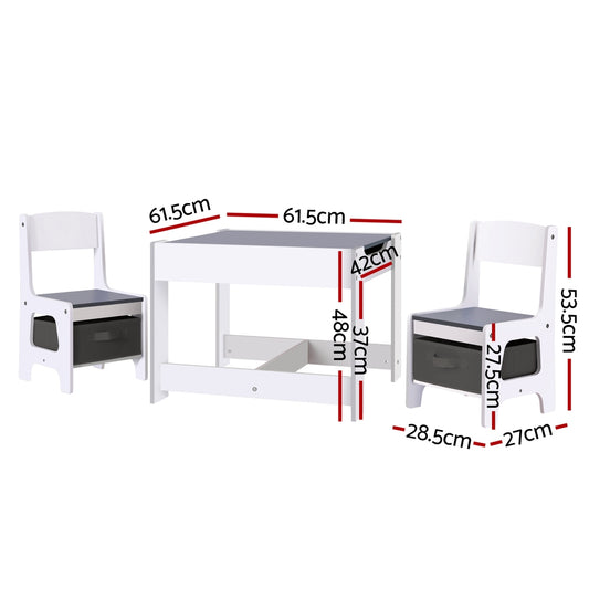 A grey childrens activity table with chairs, built-in storage, and chalkboard surface for play and learning.