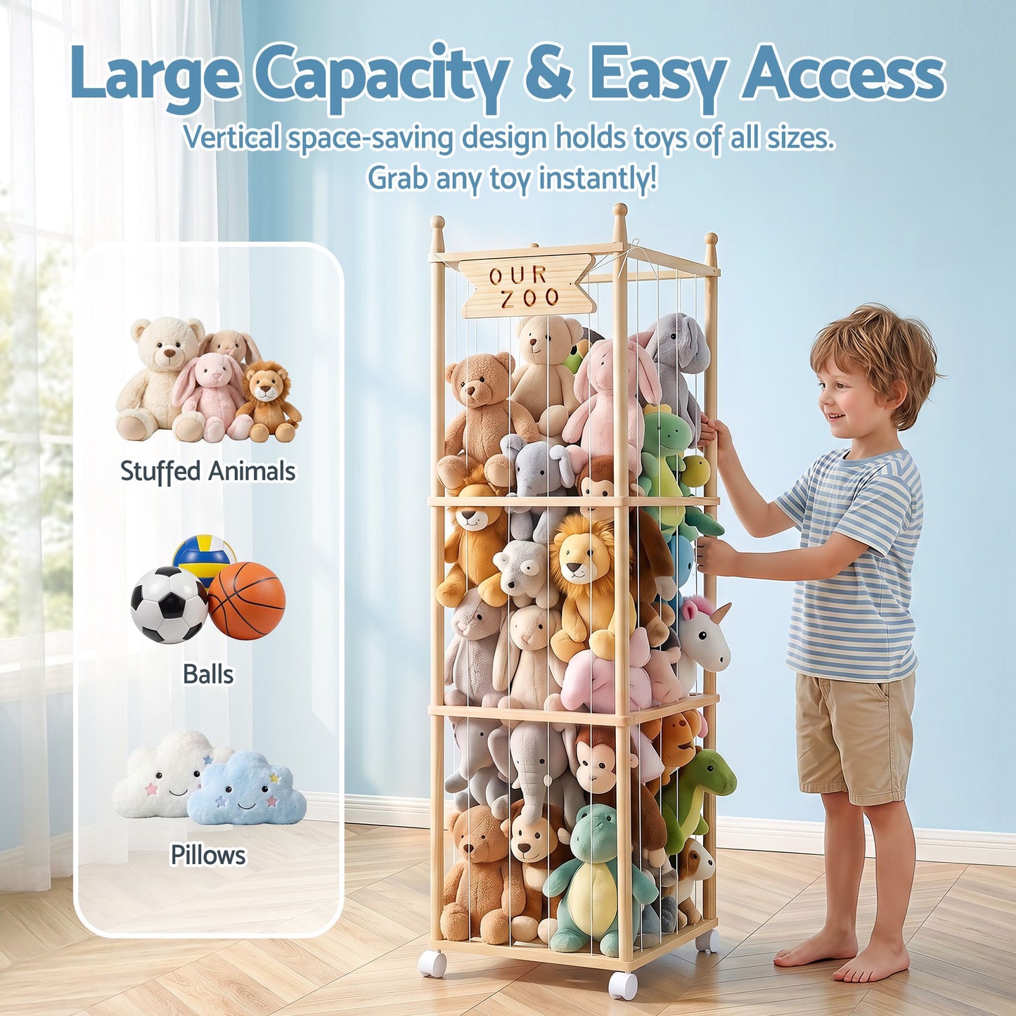 Keezi Stuffed Animal Storage Wooden Toy Holder with Wheels