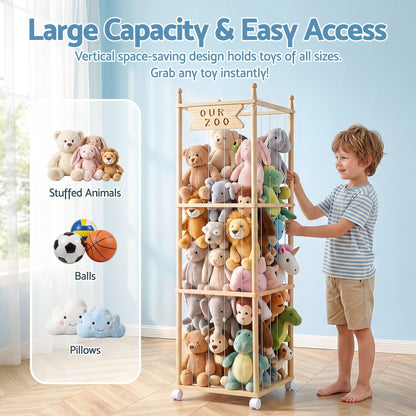 Keezi Stuffed Animal Storage Wooden Toy Holder with Wheels