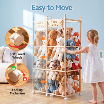 Keezi Stuffed Animal Storage Wooden Toy Holder with Wheels