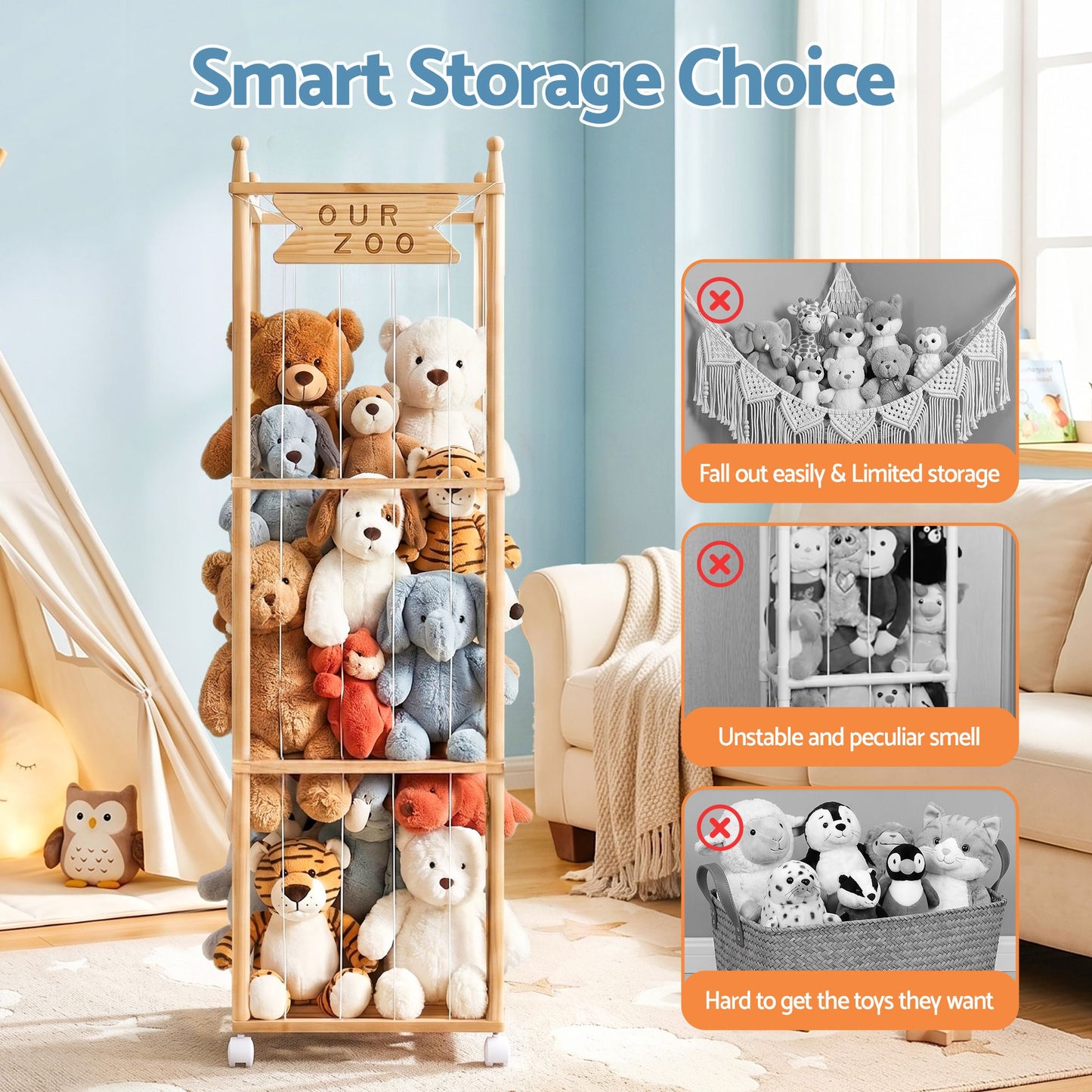Keezi Stuffed Animal Storage Wooden Toy Holder with Wheels