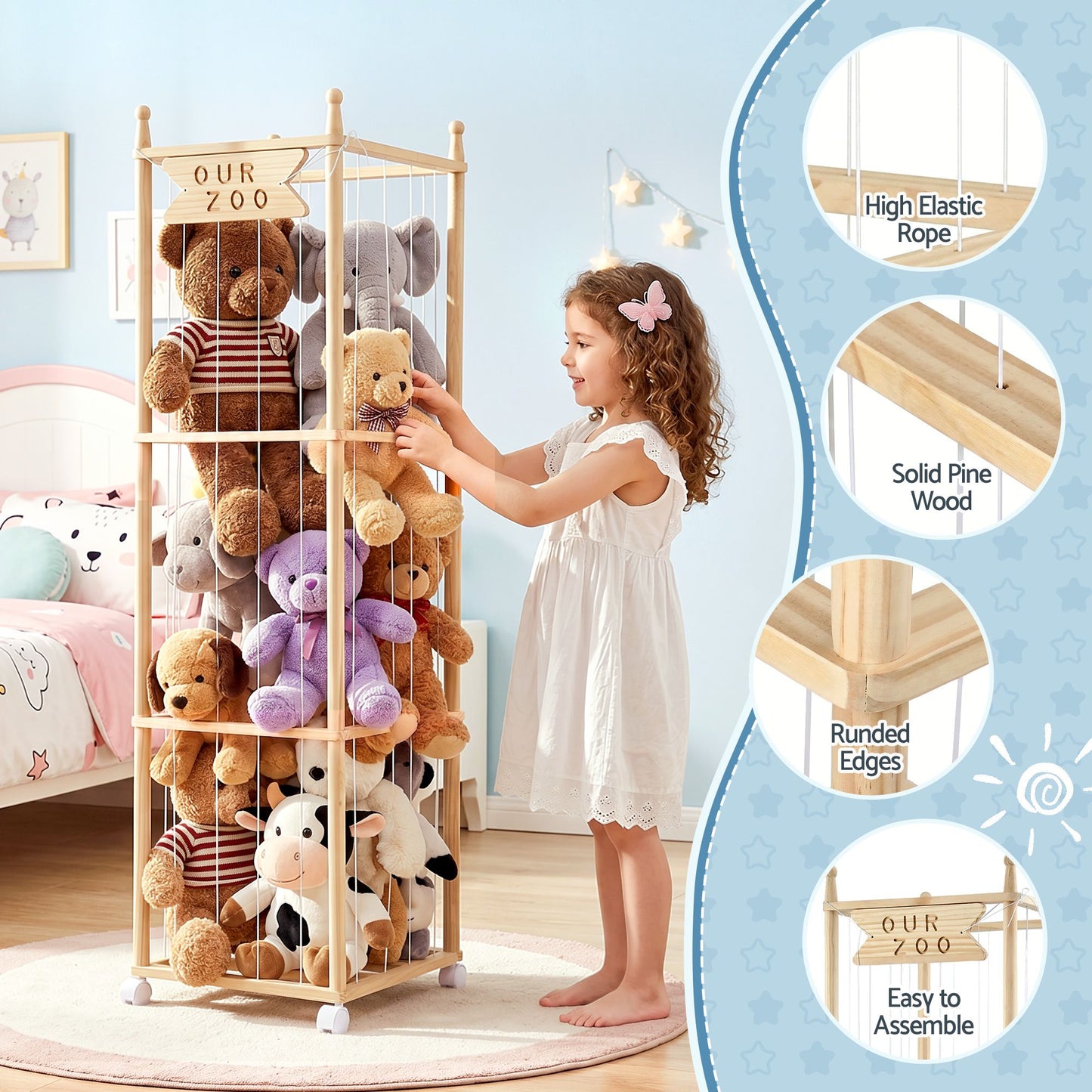Keezi Stuffed Animal Storage Wooden Toy Holder with Wheels