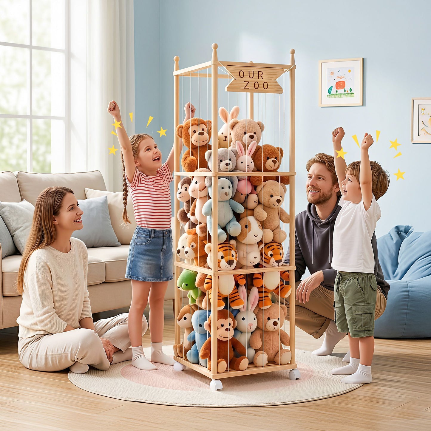 Keezi Stuffed Animal Storage Wooden Toy Holder with Wheels