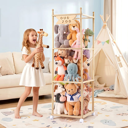 Keezi Stuffed Animal Storage Wooden Toy Holder with Wheels
