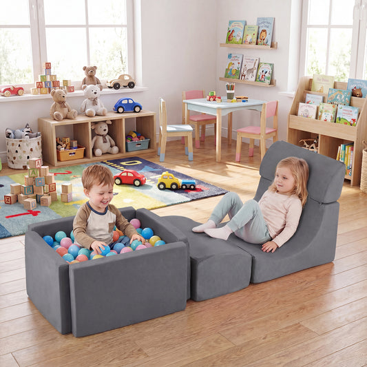 Foam Climbing Blocks & Ball Pit Play Set | Grey Suede Cover