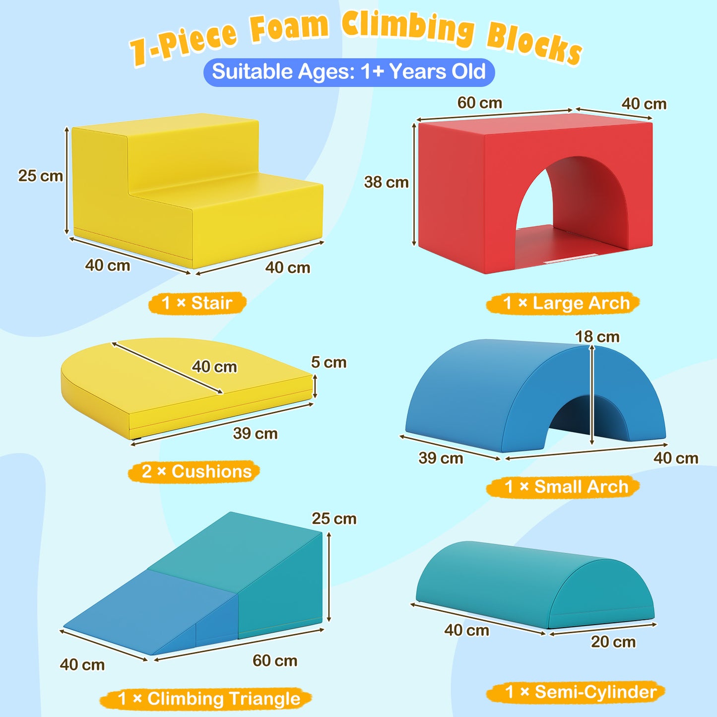7 Piece Red Foam Climbing Blocks | Soft PU Leather Play Gym