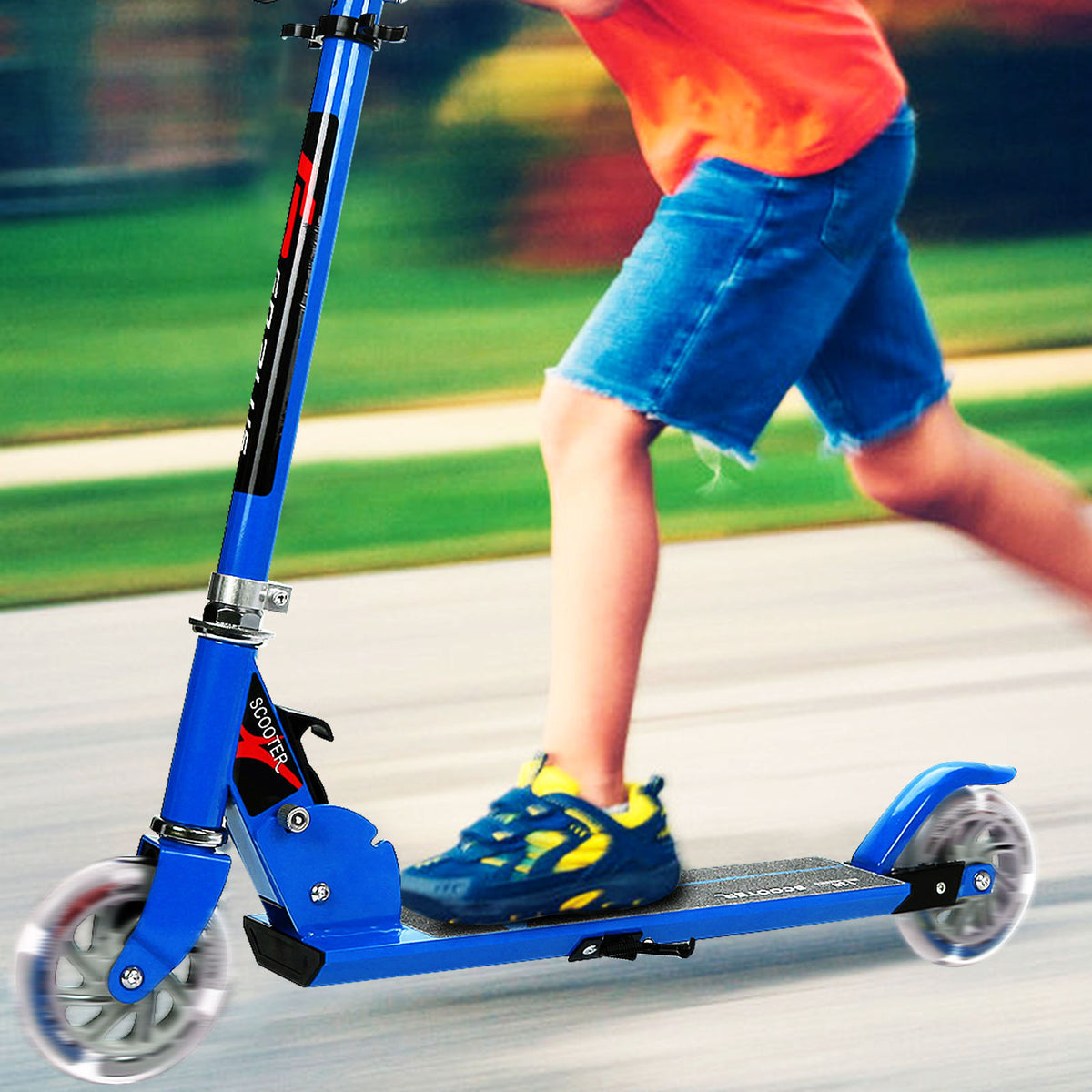 Costway Foldable Scooter for Kid Ages 4-13 with Light-up Wheels and Adjustable Height-Blue