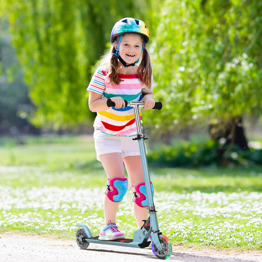 Costway Foldable Scooter for Kid Ages 4-13 with Light-up Wheels and Adjustable Height-Light Blue