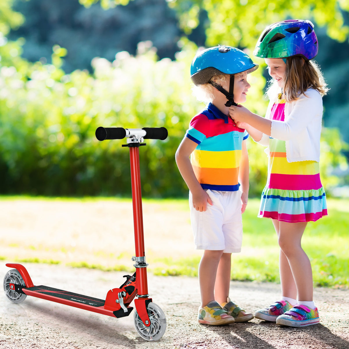 Costway Foldable Scooter for Kid Ages 4-13 with Light-up Wheels and Adjustable Height-Red