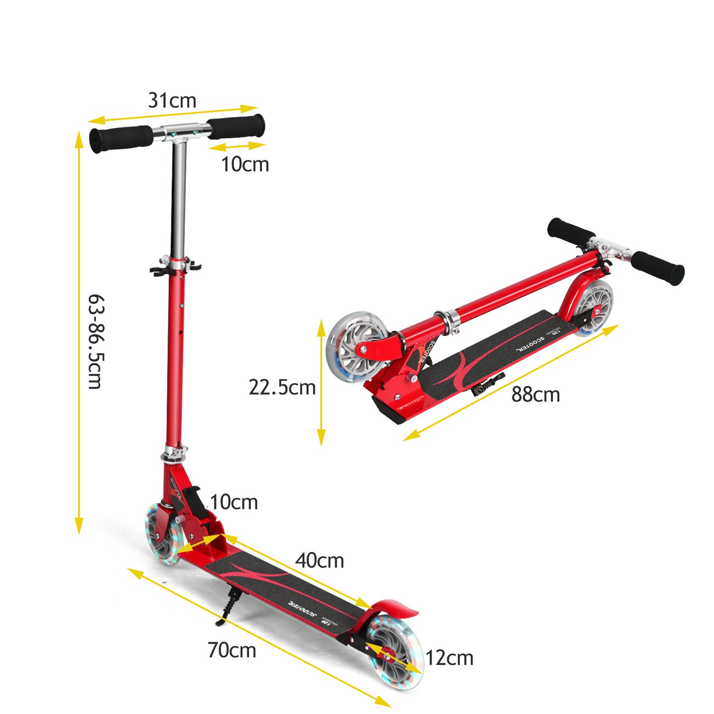 Red Kids Foldable Scooter | LED Wheels & Adjustable Height