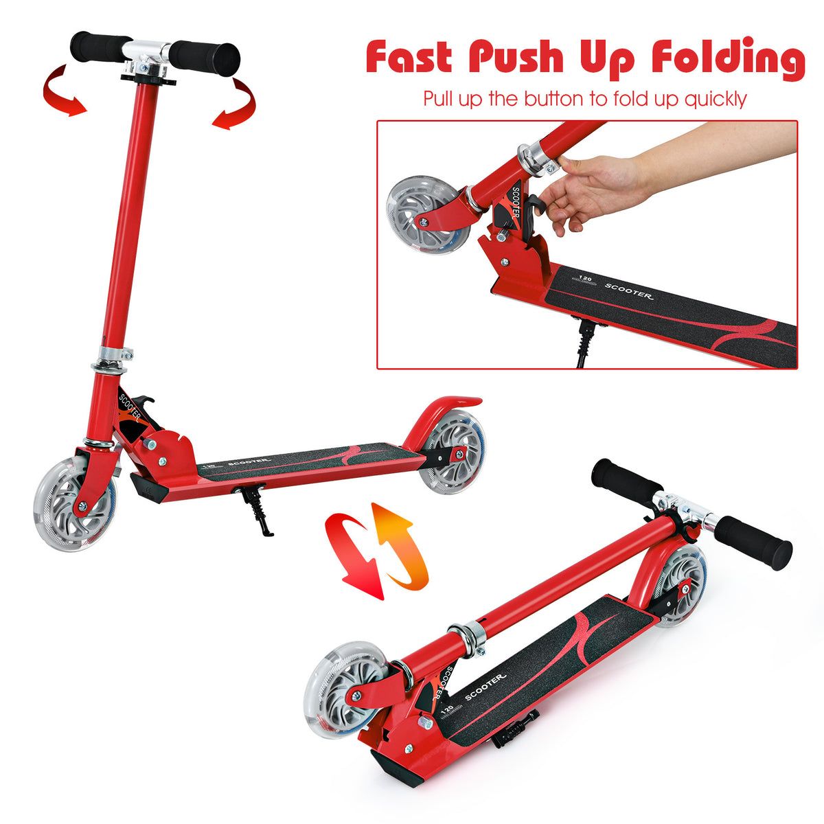Red Kids Foldable Scooter | LED Wheels & Adjustable Height