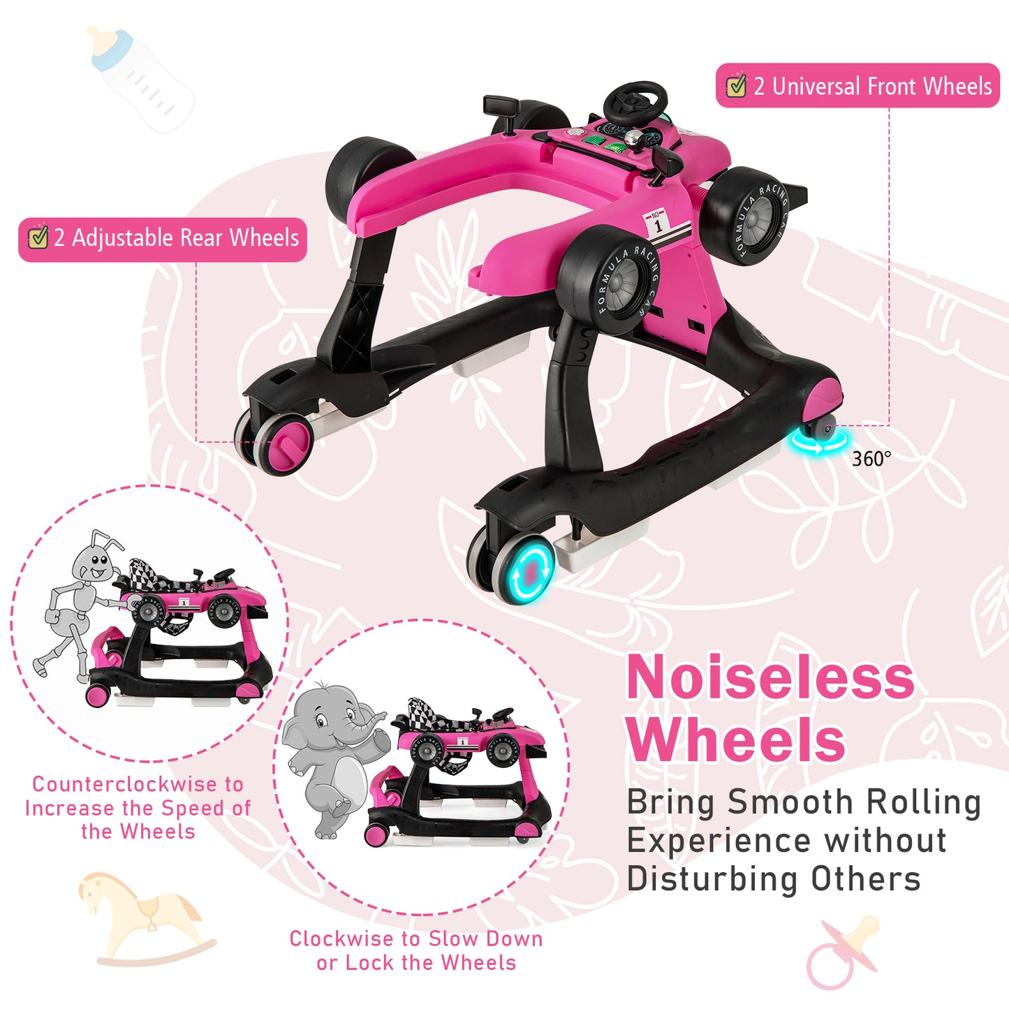4 in 1 Foldable Baby Walker | Adjustable Height | Light Pink