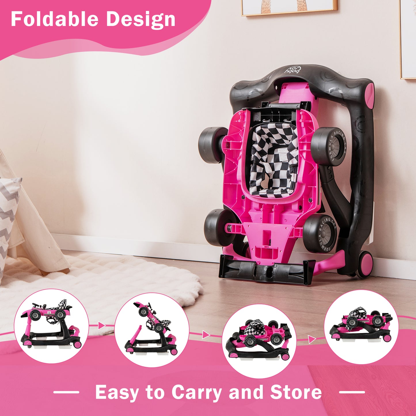 4 in 1 Foldable Baby Walker | Adjustable Height | Light Pink
