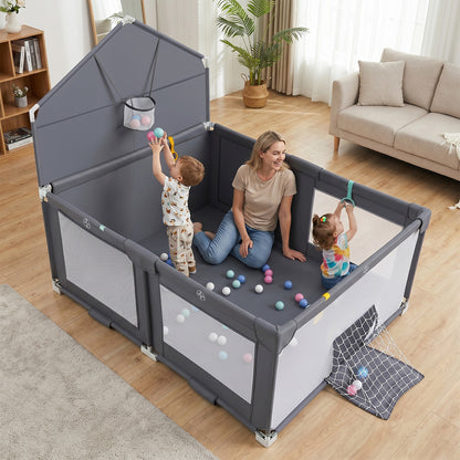 Costway Foldable Baby Playpen with Basketball Hoop Soccer Goal and Pull Rings-Grey