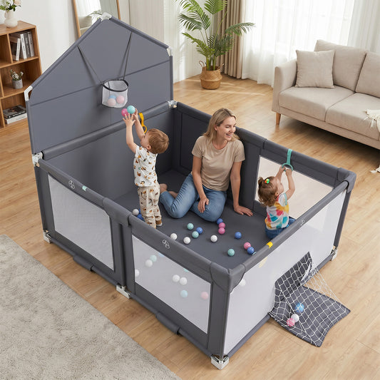 Costway Foldable Baby Playpen with Basketball Hoop Soccer Goal and Pull Rings-Grey