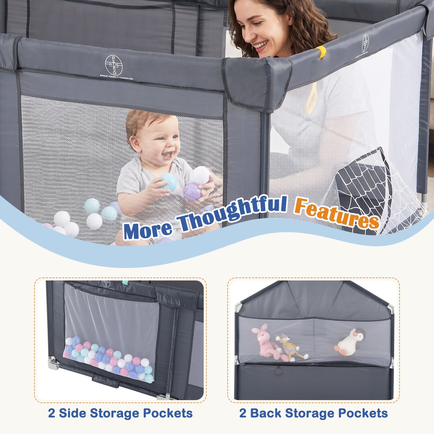 Grey Foldable Baby Playpen | Basketball Hoop Soccer Goal & Balls