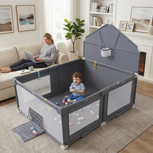Grey Foldable Baby Playpen | Basketball Hoop Soccer Goal & Balls