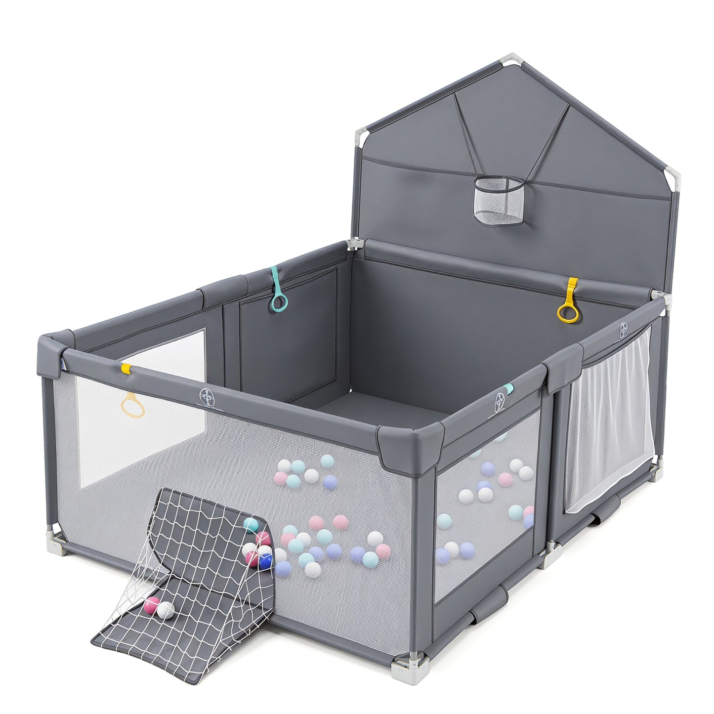 Grey Foldable Baby Playpen | Basketball Hoop Soccer Goal & Balls