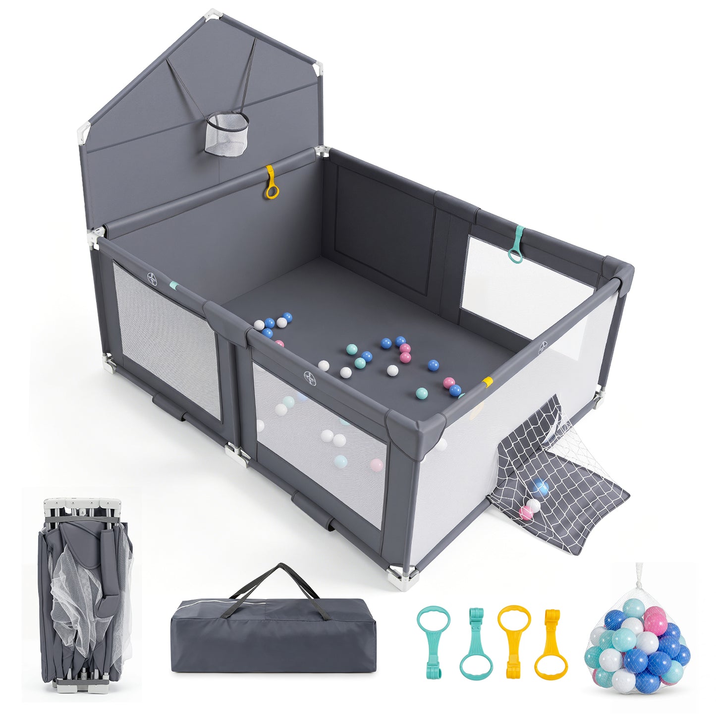 Grey Foldable Baby Playpen | Basketball Hoop Soccer Goal & Balls