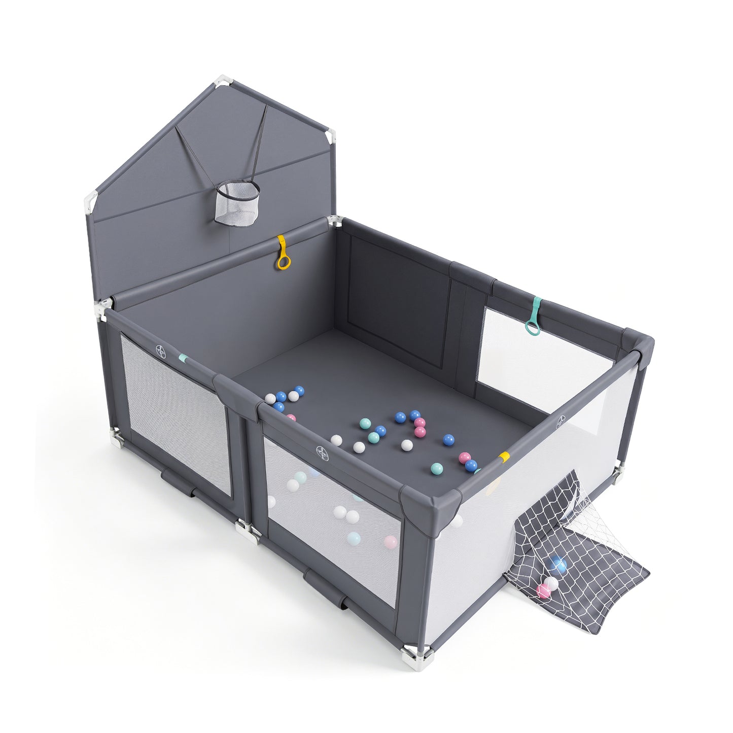 Grey Foldable Baby Playpen | Basketball Hoop Soccer Goal & Balls
