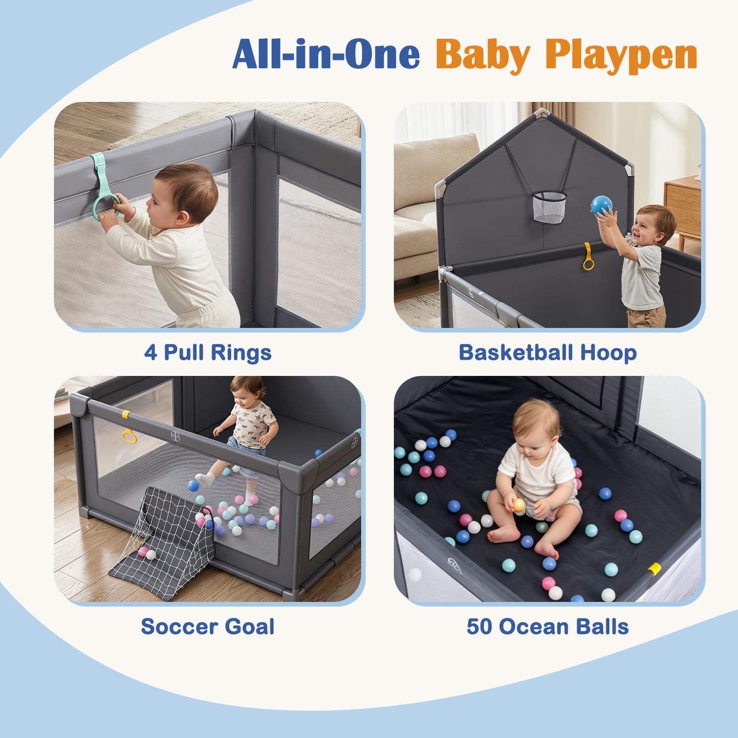 Grey Foldable Baby Playpen | Basketball Hoop Soccer Goal & Balls
