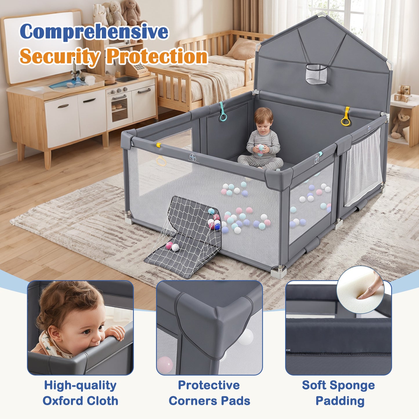 Grey Foldable Baby Playpen | Basketball Hoop Soccer Goal & Balls