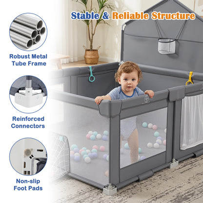 Grey Foldable Baby Playpen | Basketball Hoop Soccer Goal & Balls