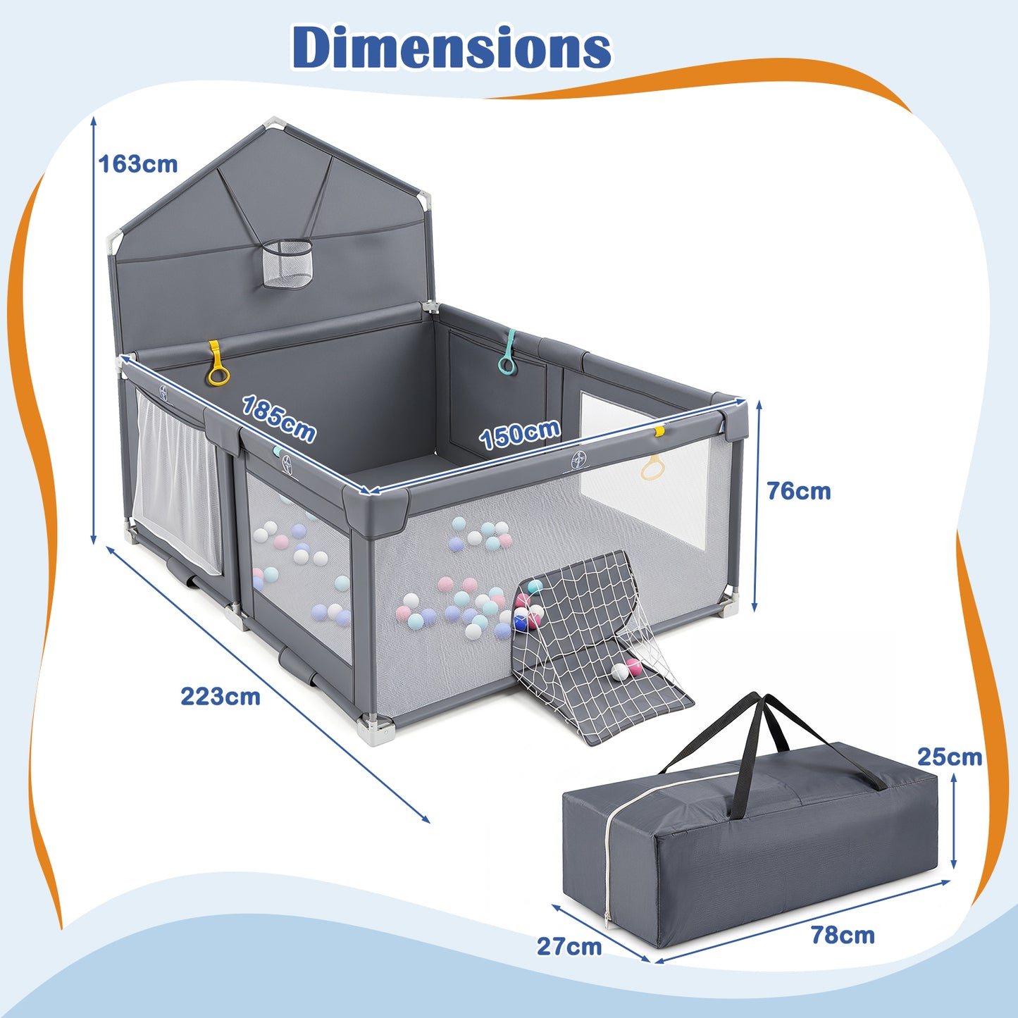 Grey Foldable Baby Playpen | Basketball Hoop Soccer Goal & Balls