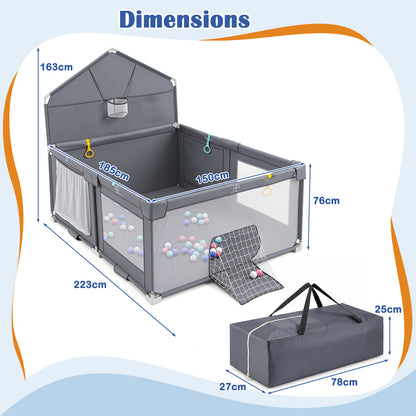 Grey Foldable Baby Playpen | Basketball Hoop Soccer Goal & Balls
