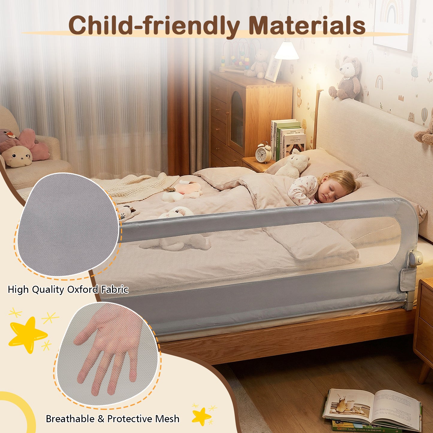 Grey Foldable Toddler Bed Rail | Oxford Fabric | 3 Heights