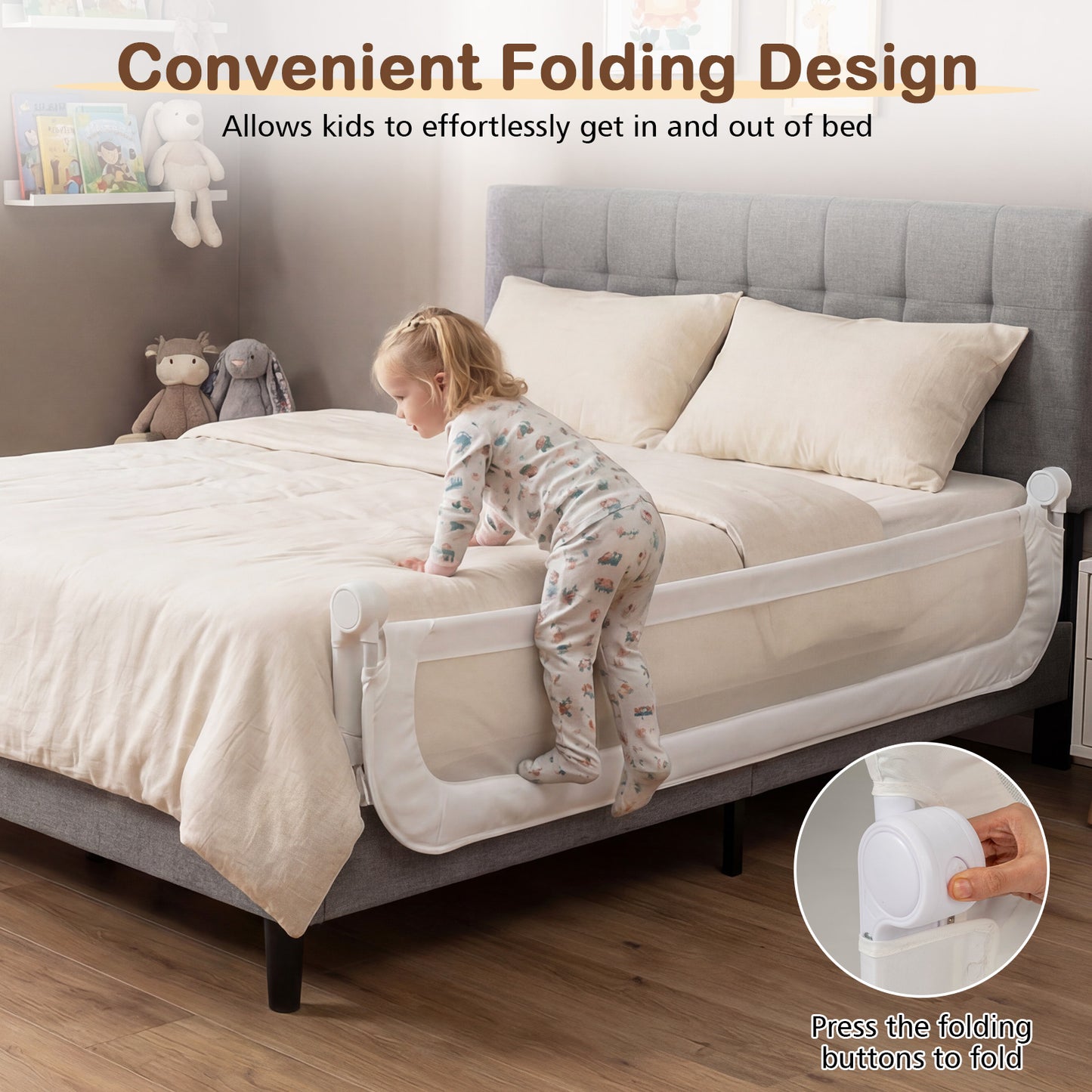 Adjustable Foldable Toddler Bed Rail | White Oxford Fabric | U Base