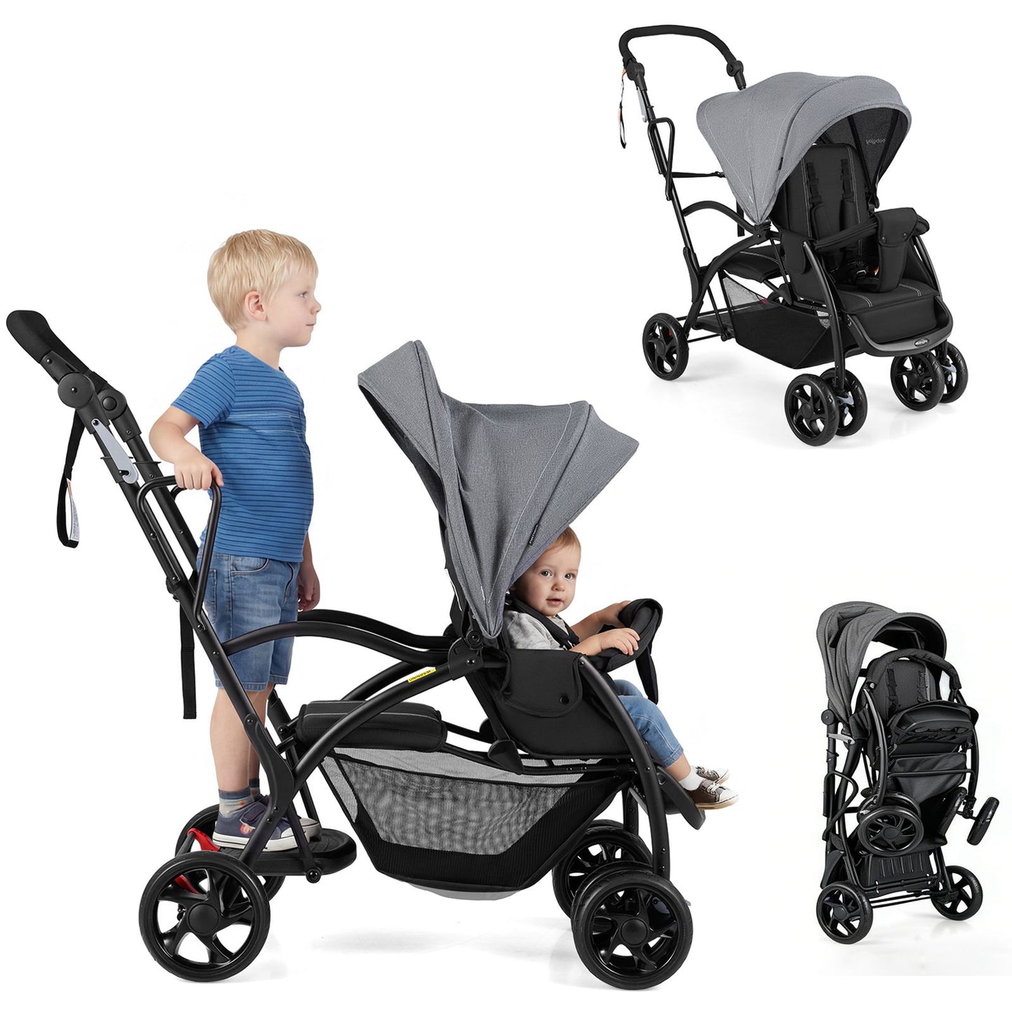 Black and gray Foldable Double Stroller with a child sitting inside, surrounded by different views of the stroller.