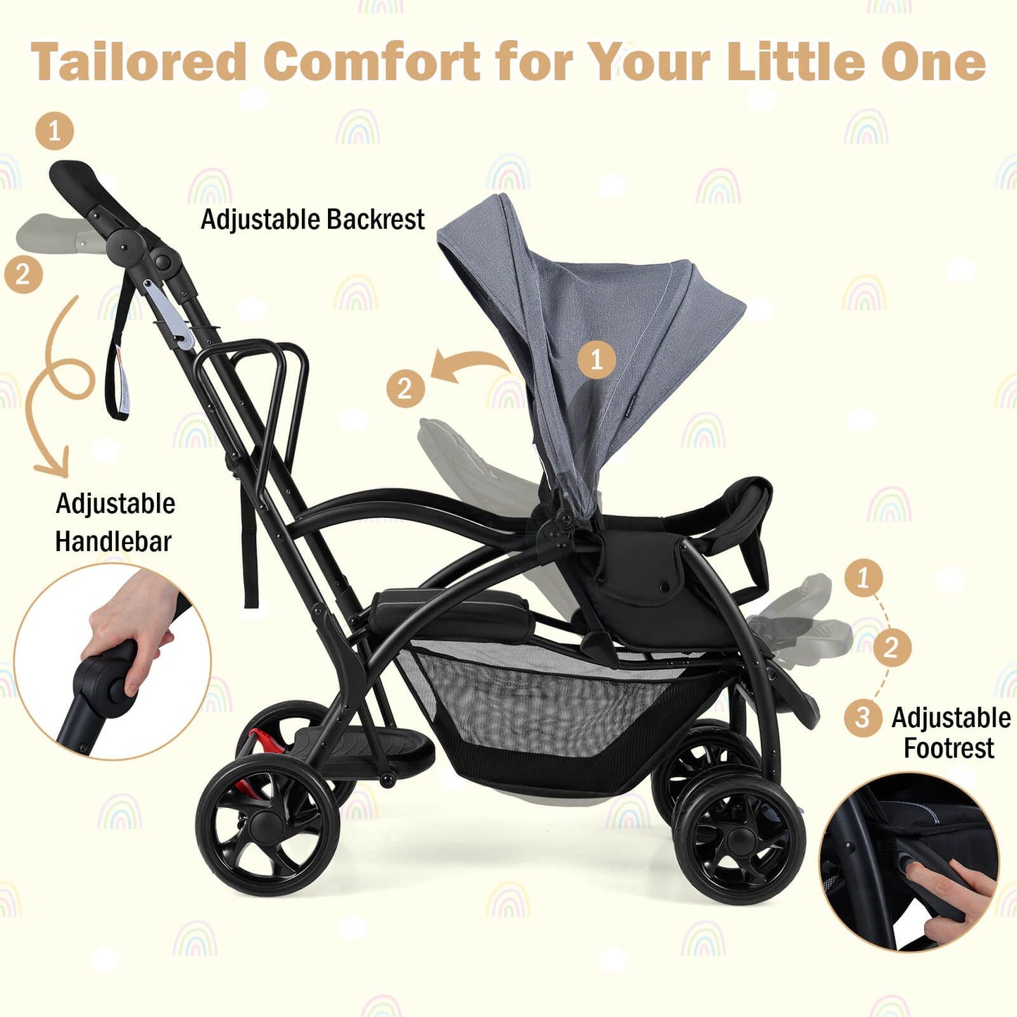 Black stroller with adjustable features on a white background