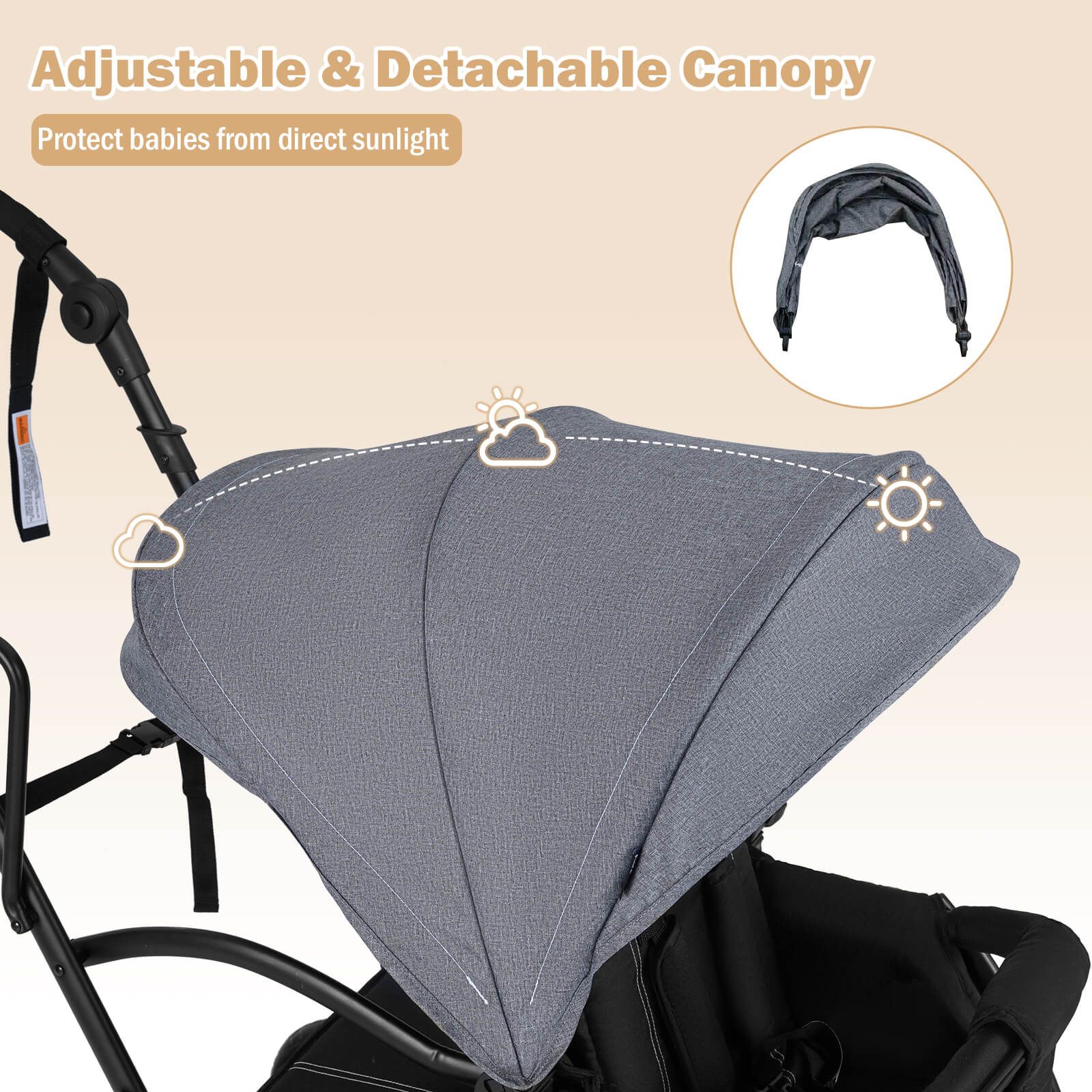 Gray adjustable and detachable canopy for a stroller on a beige background