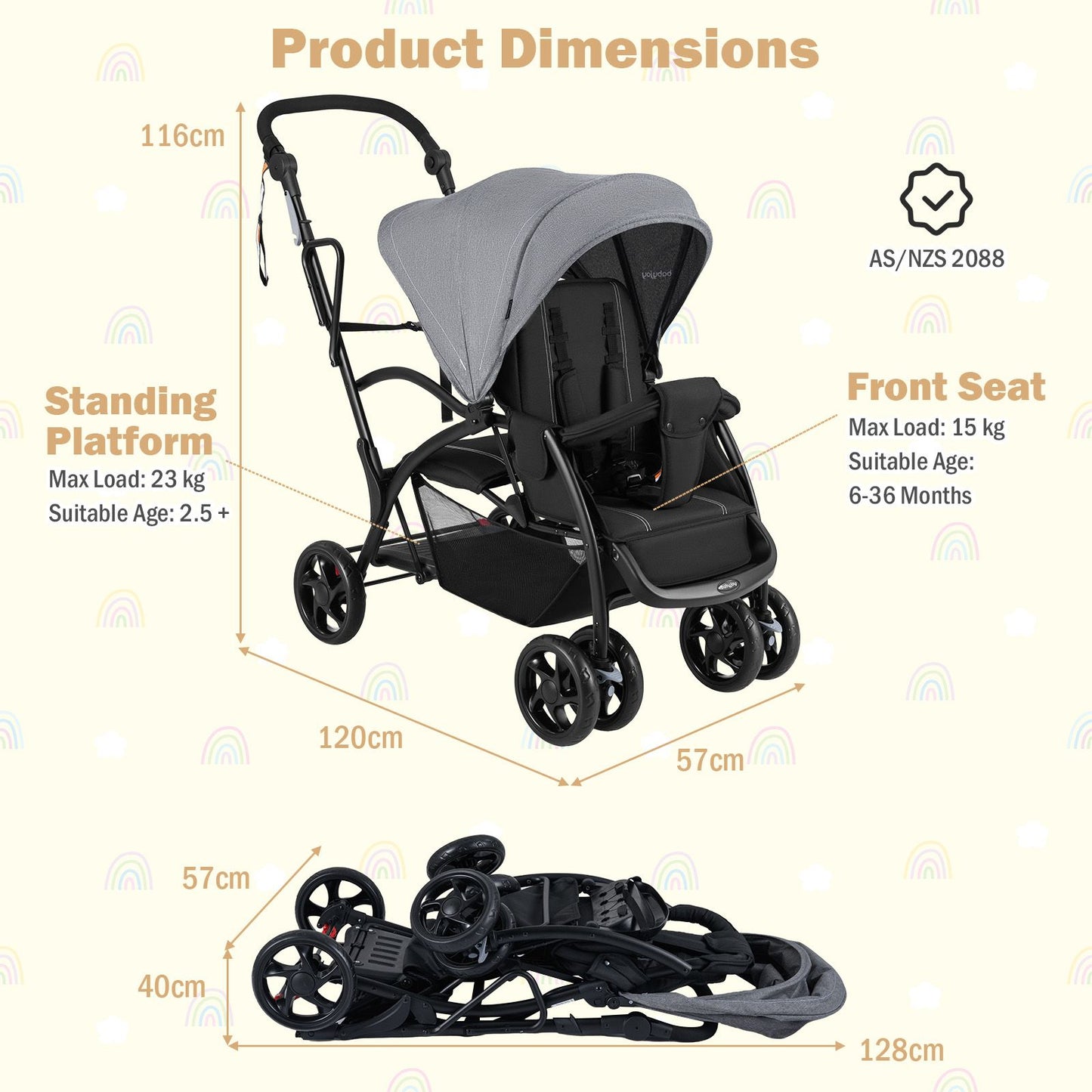 Baby stroller with dimensions and safety certification details on a white background