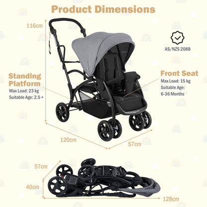 Baby stroller with dimensions and safety certification details on a white background