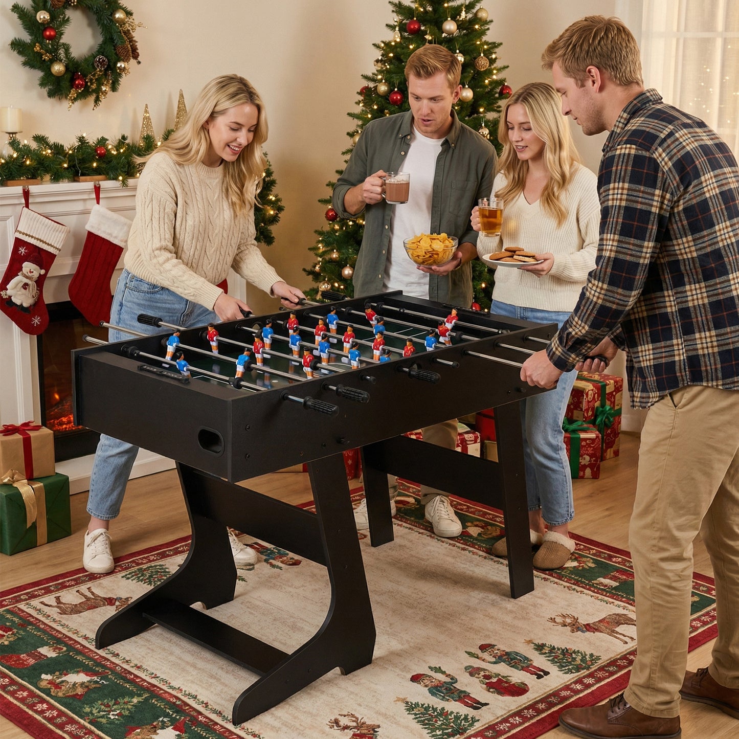 Foldable Foosball Table with 2 Balls and 22 Players for Family Game Night-Black