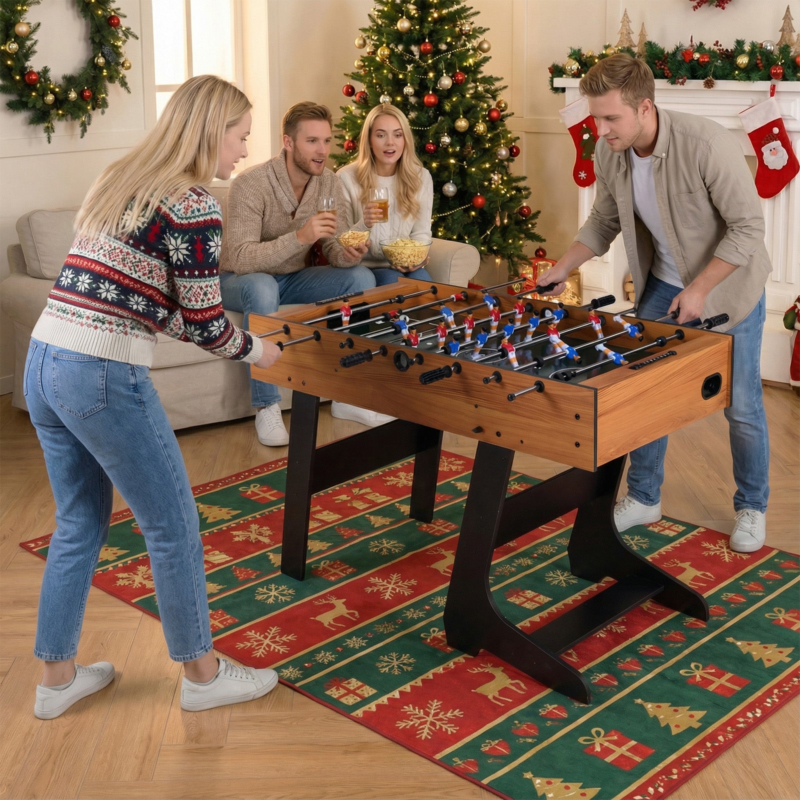 Foldable Foosball Table with 2 Balls and 22 Players for Family Game Night-Natural