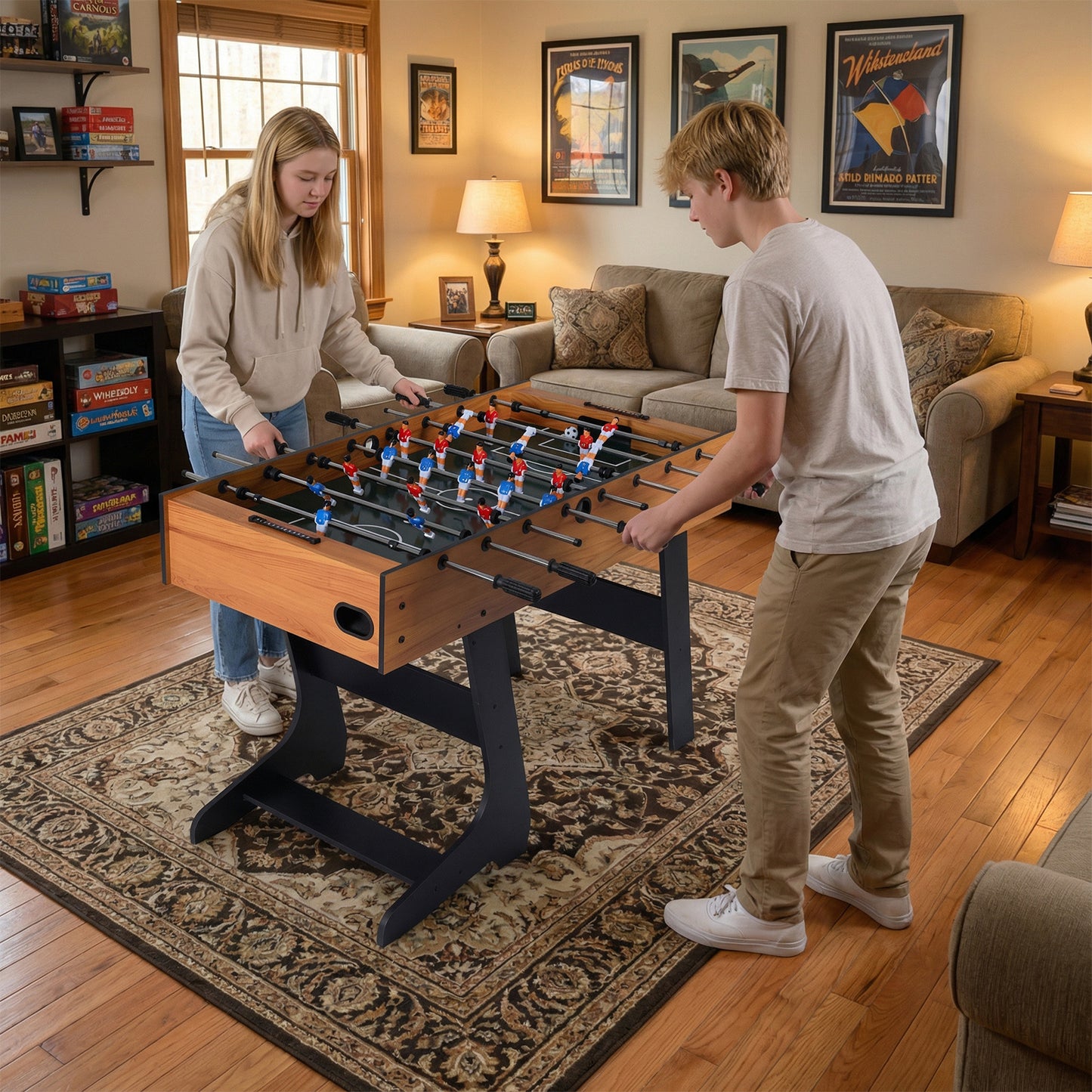 Foldable Foosball Table | 2 Balls 22 Players Natural Wood Color
