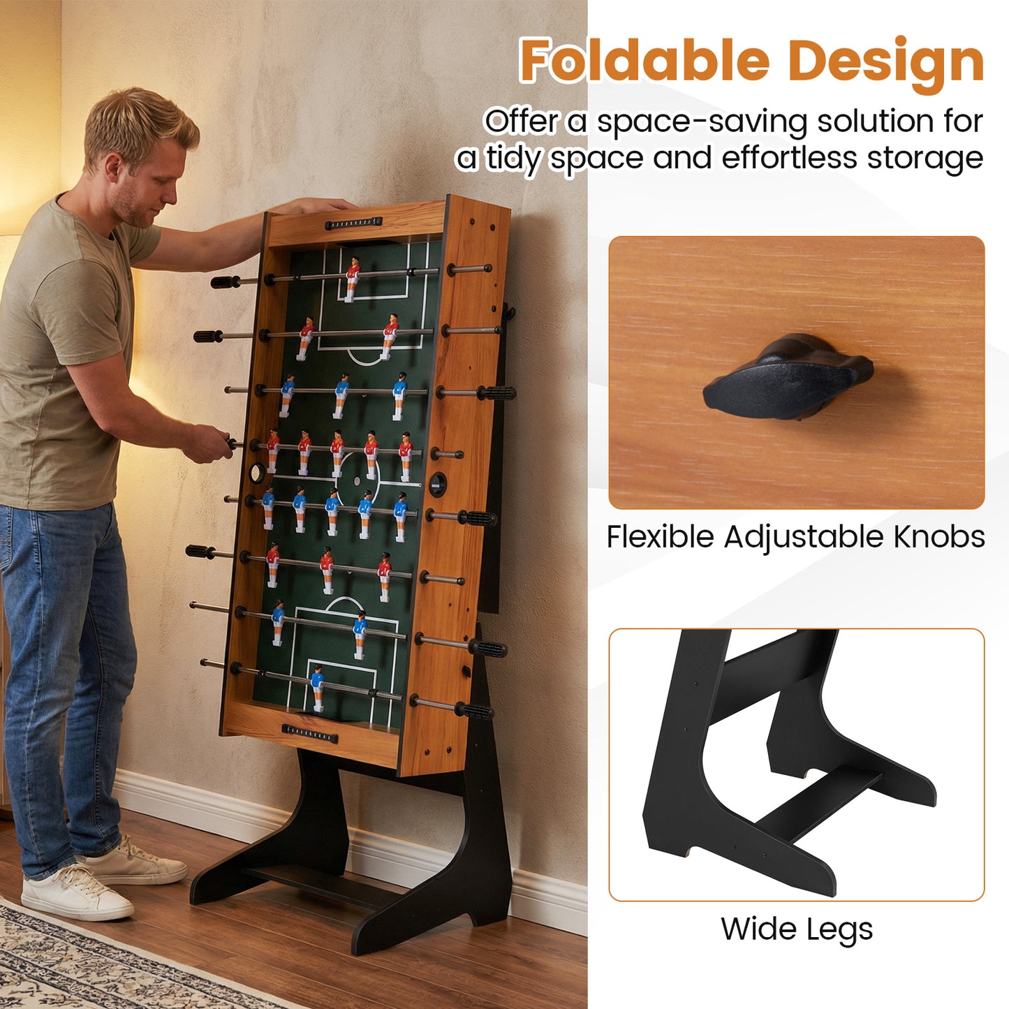 Foldable Foosball Table | 2 Balls 22 Players Natural Wood Color