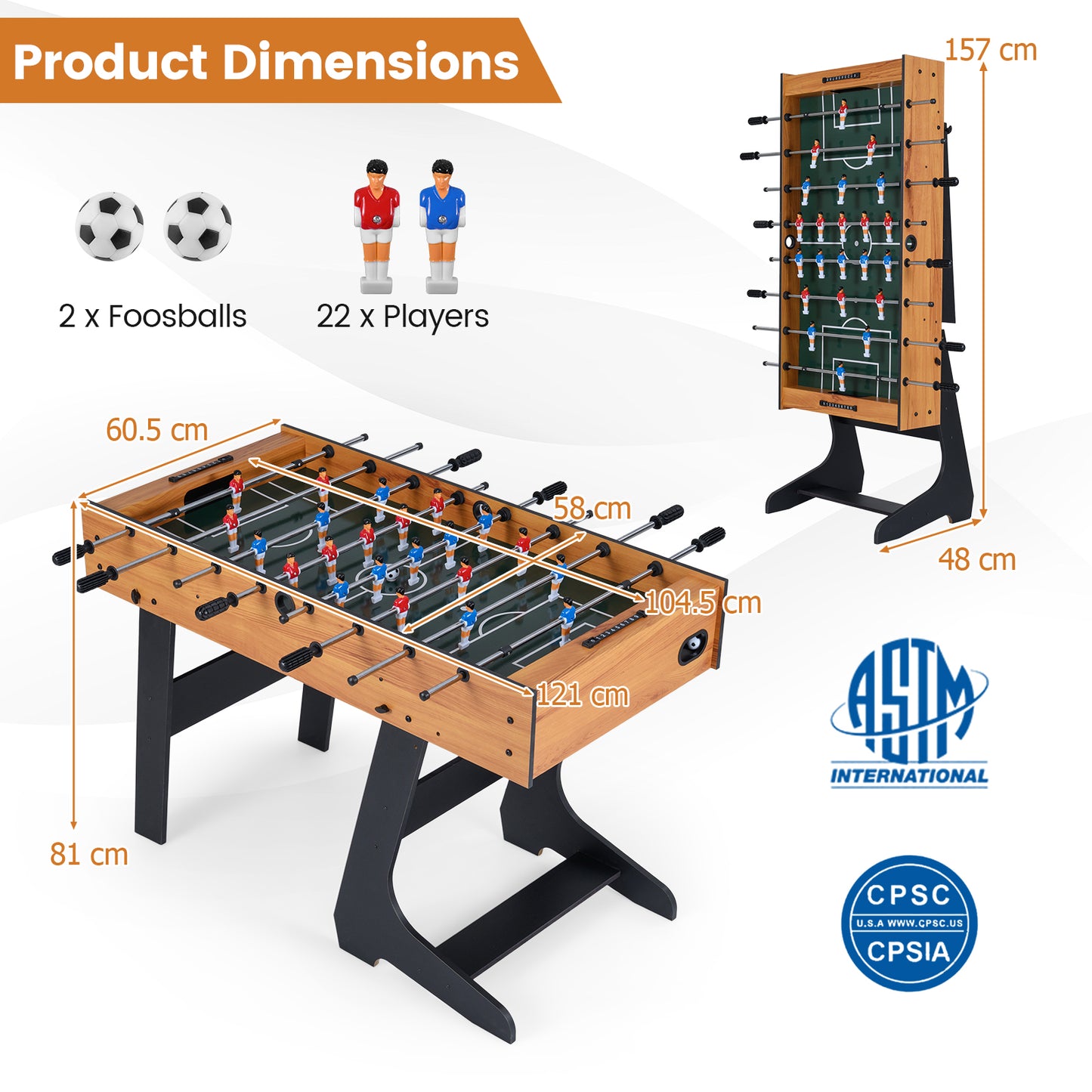 Foldable Foosball Table | 2 Balls 22 Players Natural Wood Color