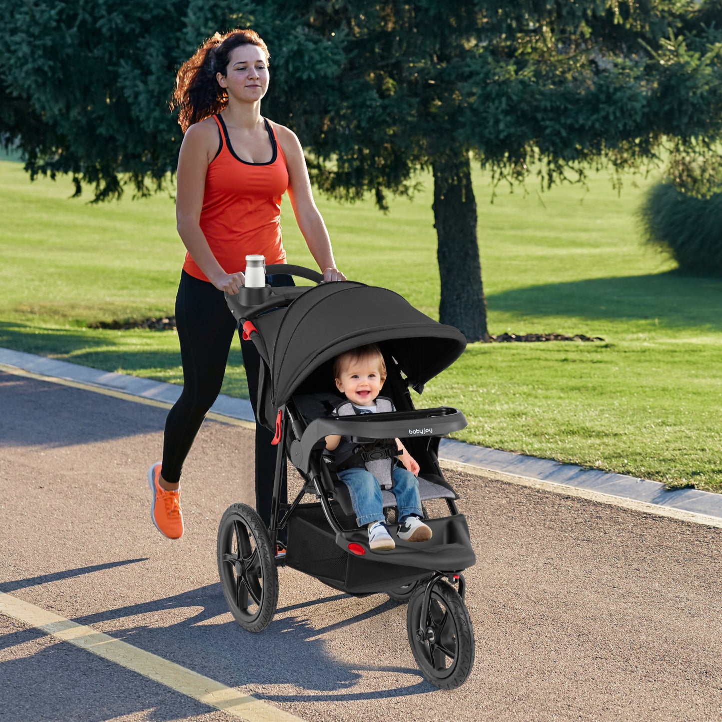Foldable Jogger with Adjustable Canopy and Detachable Tray-Black
