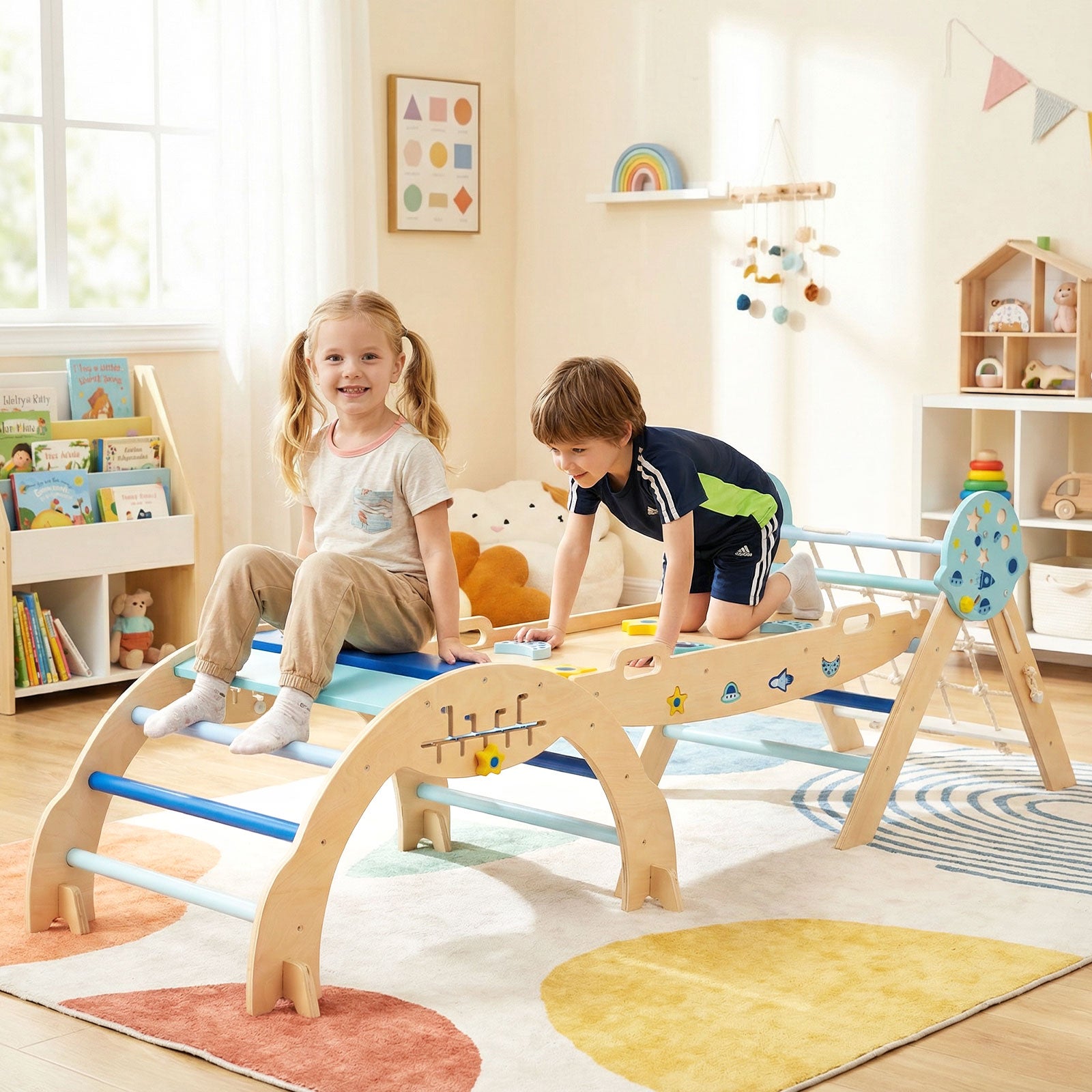 Foldable Jungle Gym with Arch and Ramp for Play Room-Blue