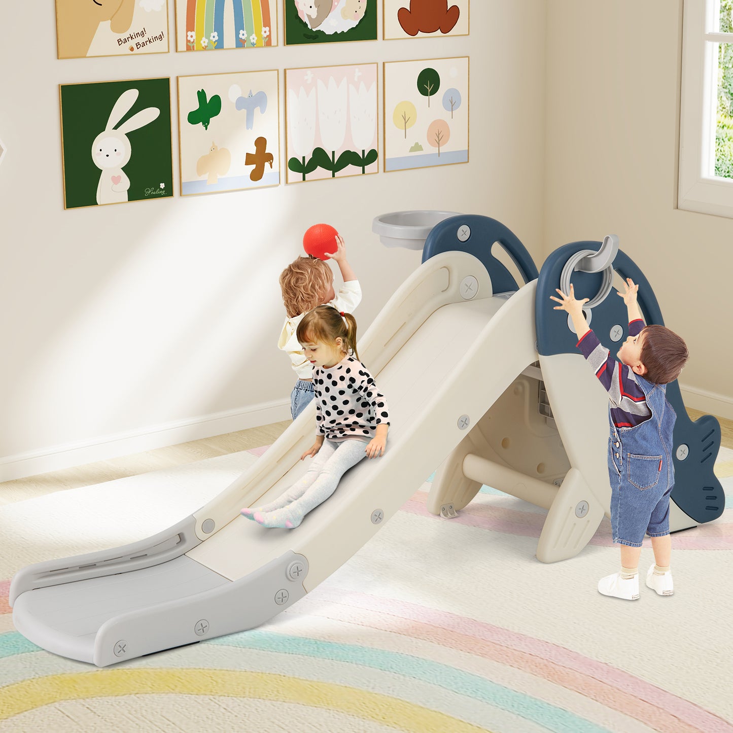 Foldable Toddler Slide with Basketball Hoop and Ring Toss-Blue