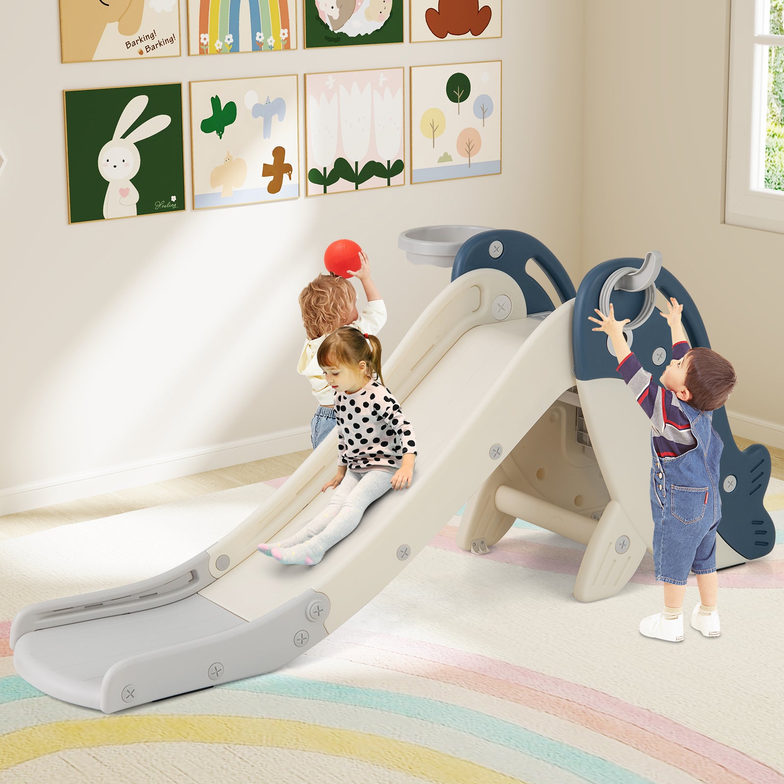 Foldable Toddler Slide with Basketball Hoop and Ring Toss-Blue