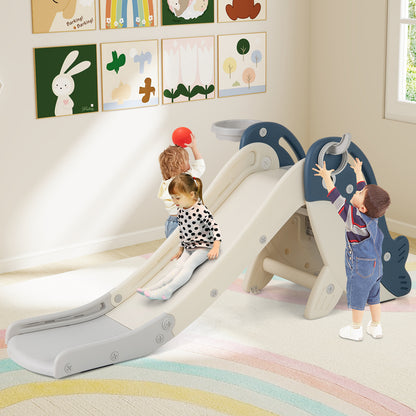 Foldable Toddler Slide with Basketball Hoop and Ring Toss-Blue