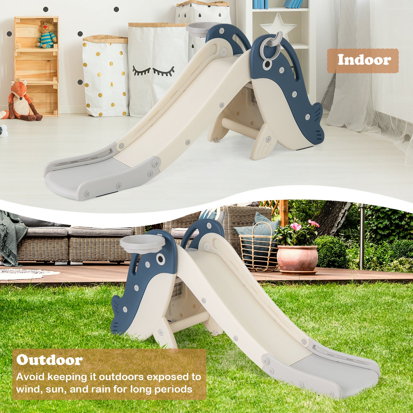 Blue Foldable Toddler Slide | Basketball Hoop & Ring Toss 4in1