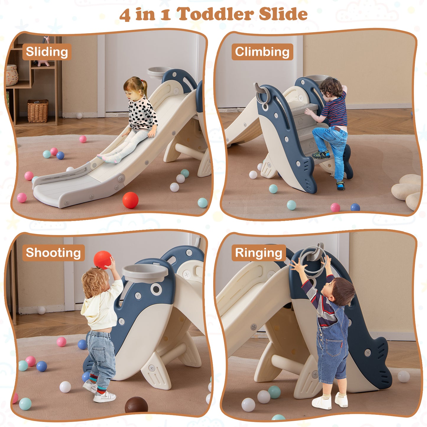 Blue Foldable Toddler Slide | Basketball Hoop & Ring Toss 4in1